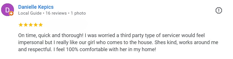 A highlighted 5-star review from a St George client home praising the trustworthiness and kindness of cleaning technicians.