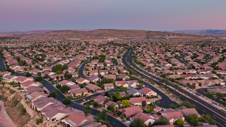 Aerial shot of residential streets of single family homes in St. George, a city in Washington County in southwestern Utah.