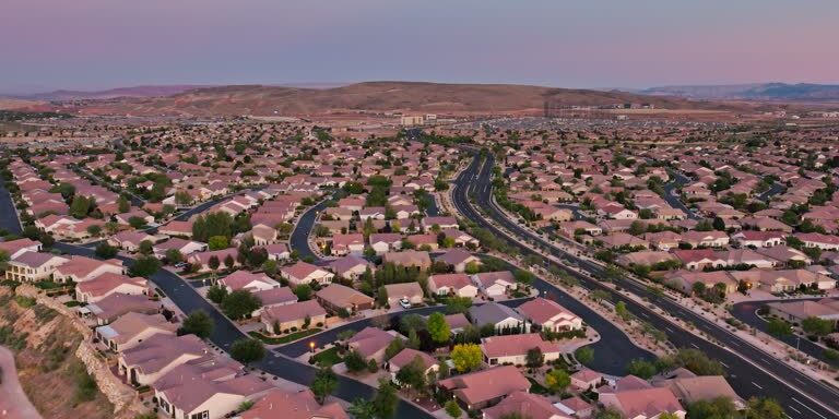 Aerial shot of residential streets of single family homes in St. George, a city in Washington County in southwestern Utah.